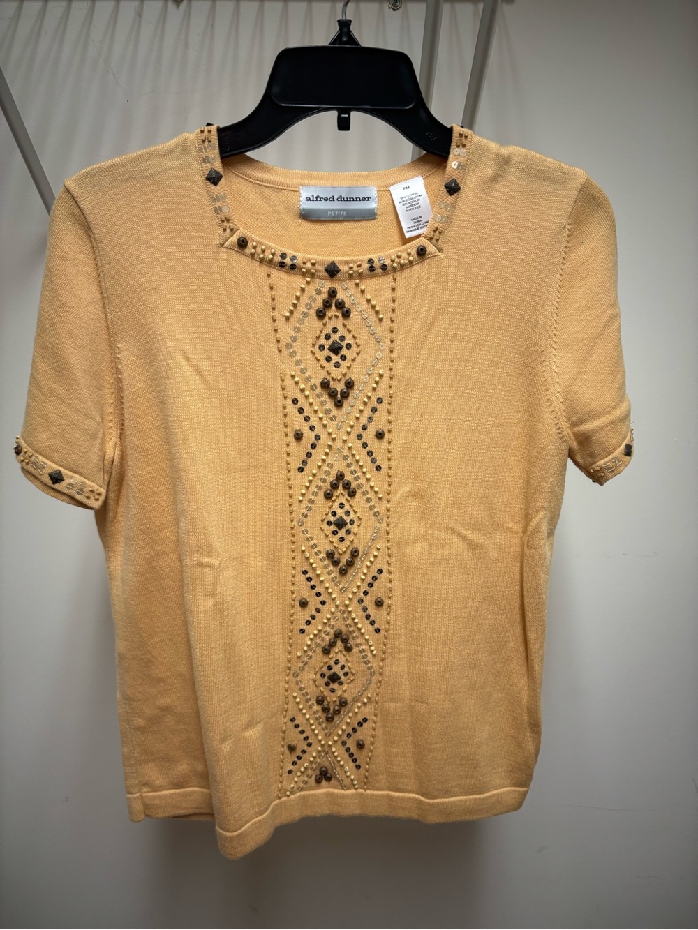 Alfred Dunner Light Yellow Short-Sleeve Embellished Knit Top